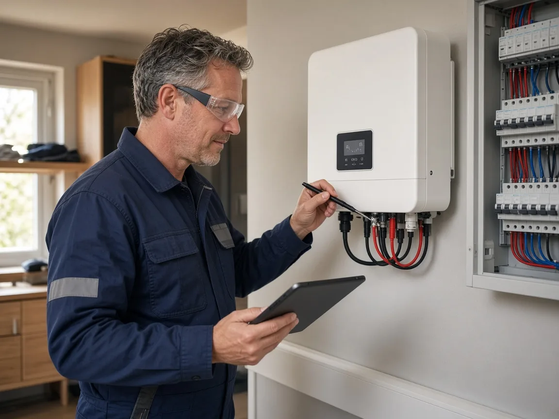 Tekniker kontrollerer inverter på solcelleanlæg